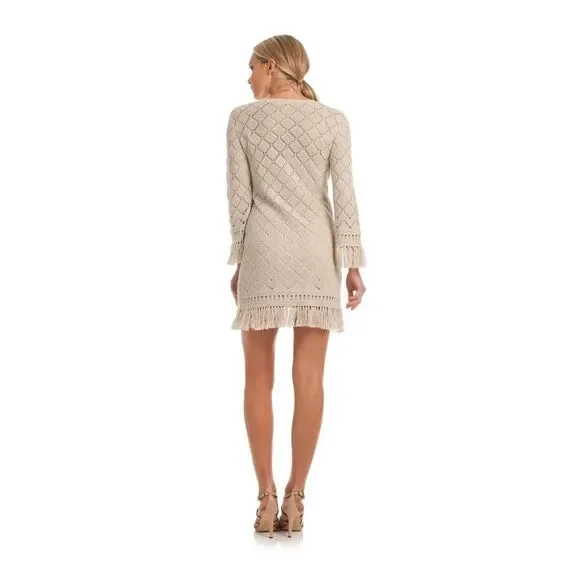 Trina Turk Sweater Dress Womens Small Tan Manzanillo Fringe Hem Minimalist Basic